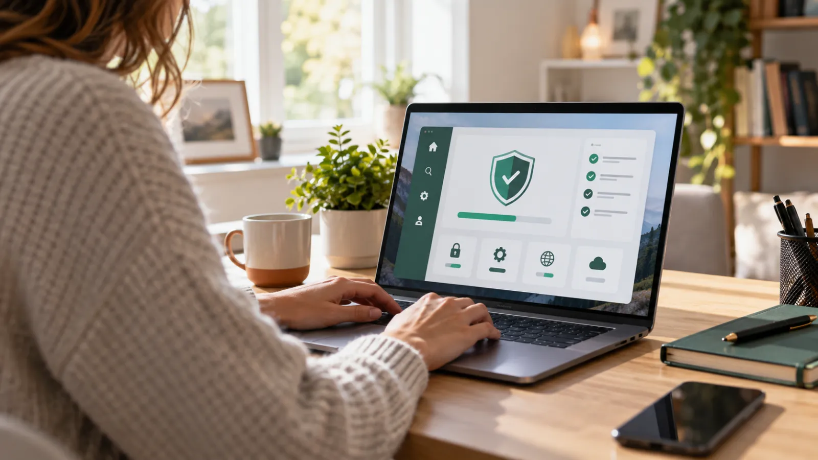 Personne installant et configurant un logiciel de sécurité sur son ordinateur personnel